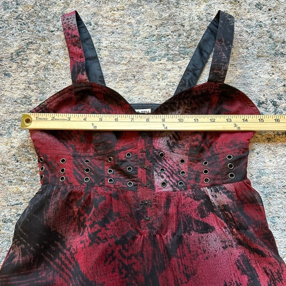 Vintage Y2K Red Black Abstract Print Whimsygoth Mini Dress Grunge Lace Sz 1 XS - Picture 8 of 10